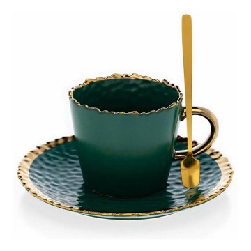 Caneca com pires e colher VALIA verde/dourado