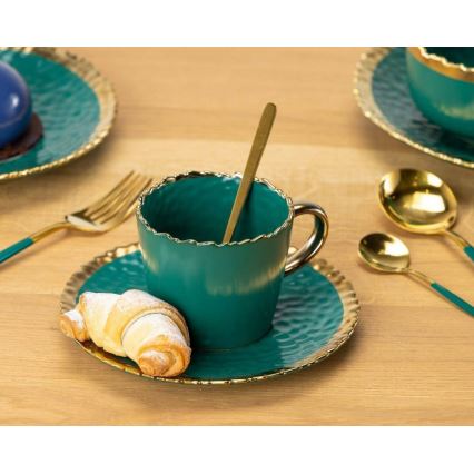 Caneca com pires e colher VALIA verde/dourado