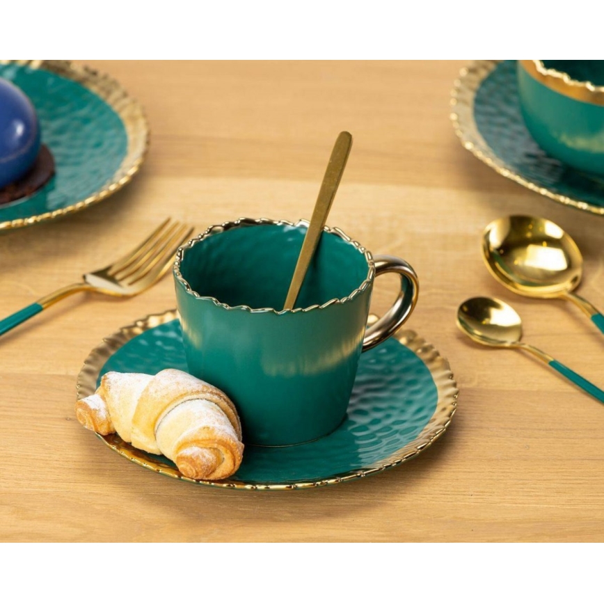 Caneca com pires e colher VALIA verde/dourado