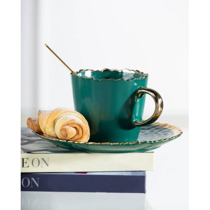 Caneca com pires e colher VALIA verde/dourado
