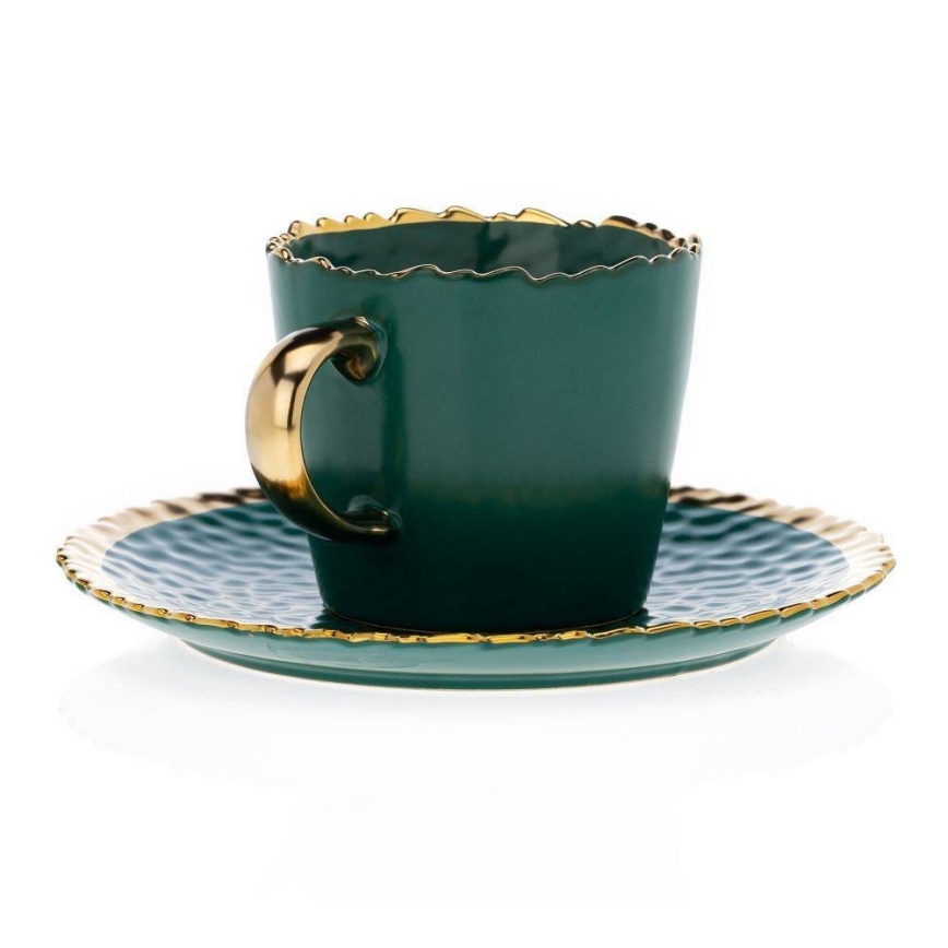 Caneca com pires e colher VALIA verde/dourado
