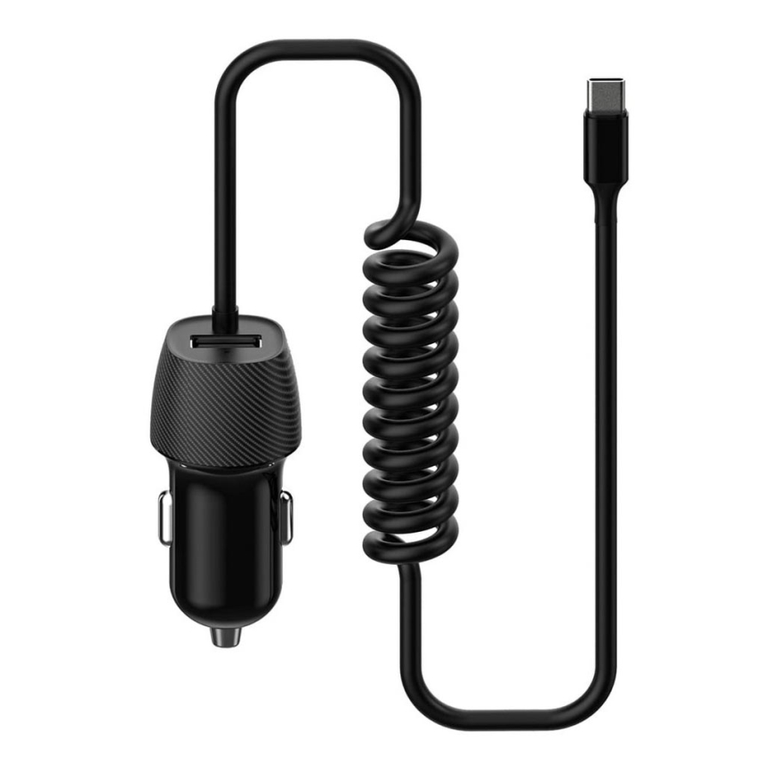 Carregador de carro 1xUSB 5V/1A + conector USB-C 150 cm preto