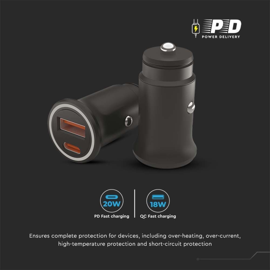 Carregador para automóvel Power Delivery 20W 12-24V/3A USB/C preto