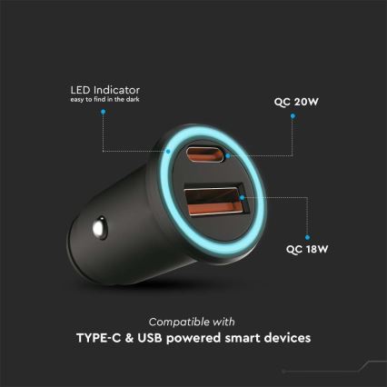 Carregador para automóvel Power Delivery 20W 12-24V/3A USB/C preto