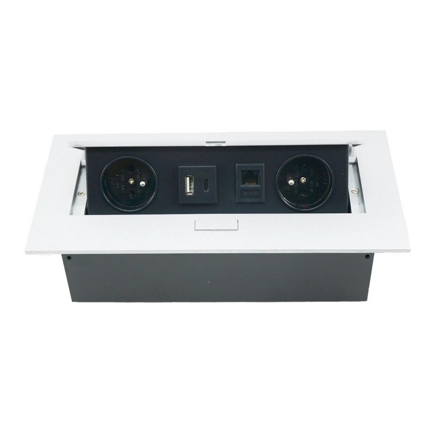 Carril de tomada basculante 2x 230V + USB-A 3,1A + USB-C 15,5W + RJ45 230V