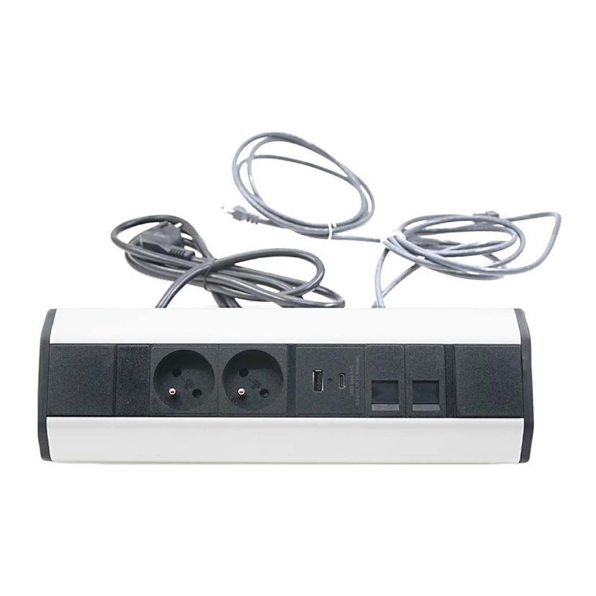 Carril de tomada de canto 2x 230V + 2x USB + 2x RJ45 230V