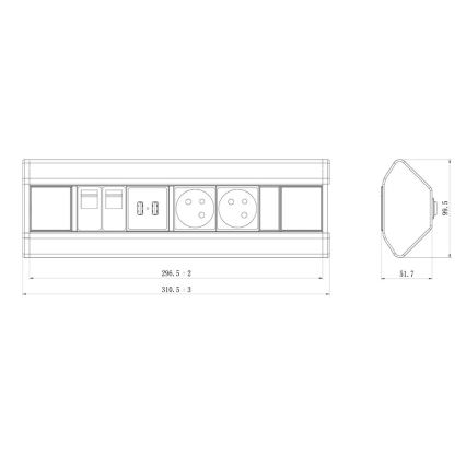 Carril de tomada de canto 2x 230V + 2x USB + 2x RJ45 230V