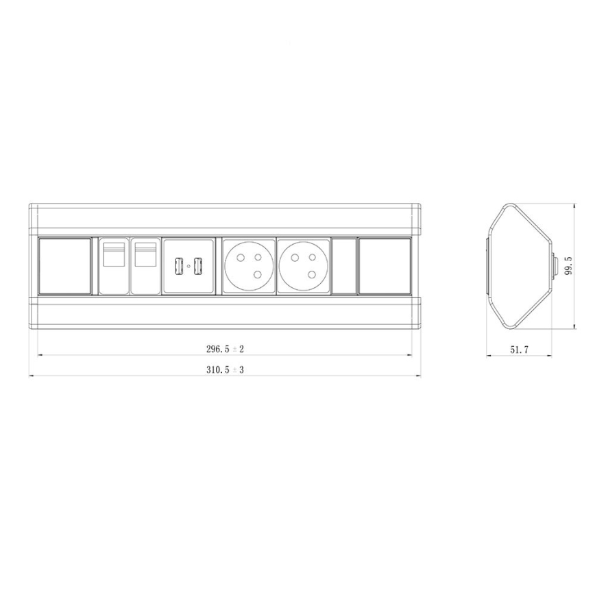 Carril de tomada de canto 2x 230V + 2x USB + 2x RJ45 230V