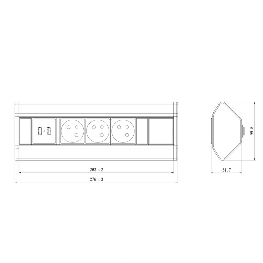 Carril de tomada de canto 3x 230V + USB-A 3,1A + USB-C 15,5W 230V