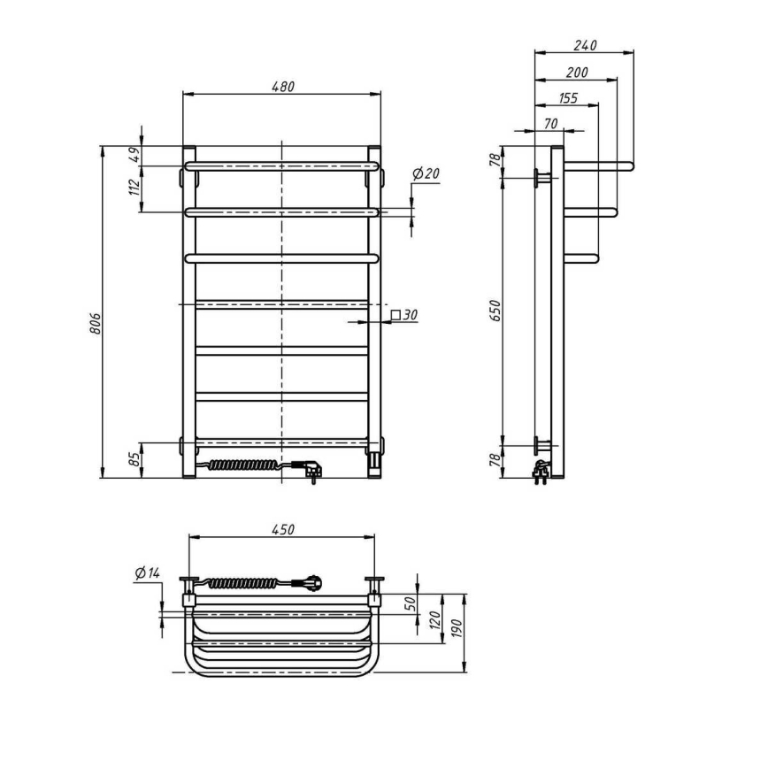 Casa de banho elétrica radiador com termóstato FORTIS 350W/230V 80,6 cm IP44 branco esquerda angular