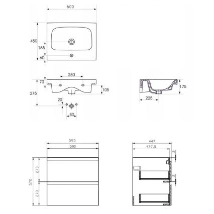Cersanit S801-223-DSM - Armário suspenso para casa de banho com bacia MEDDIE 62x60 cm branco brilhante