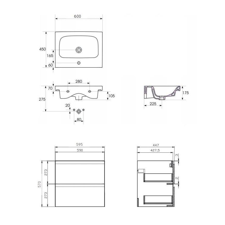 Cersanit S801-223-DSM - Armário suspenso para casa de banho com bacia MEDDIE 62x60 cm branco brilhante