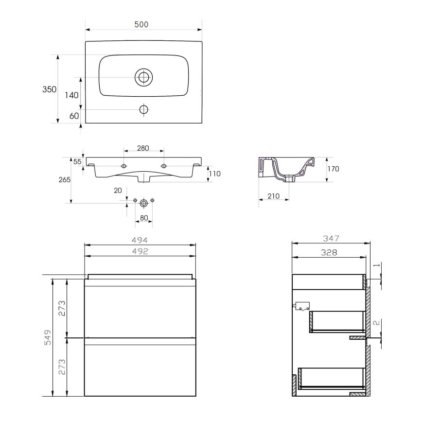 Cersanit S801-229-DSM - Armário suspenso para casa de banho com bacia MEDA SLIM 62x50 cm branco brilhante