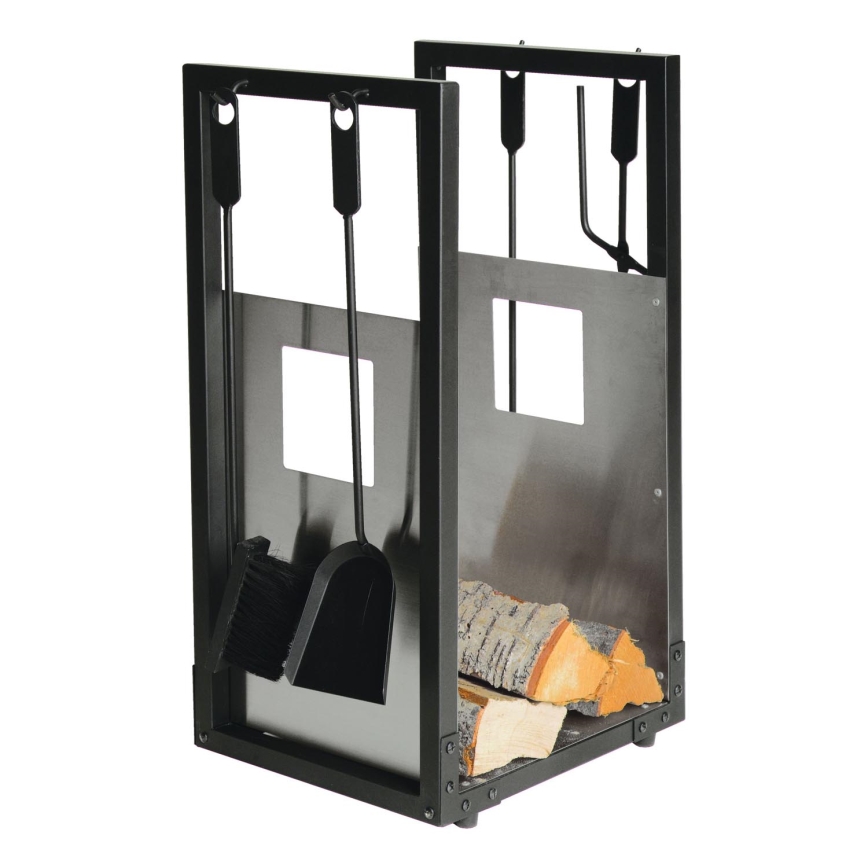 Cesto para lenha com utensílios para a lareira 5 unid. preto