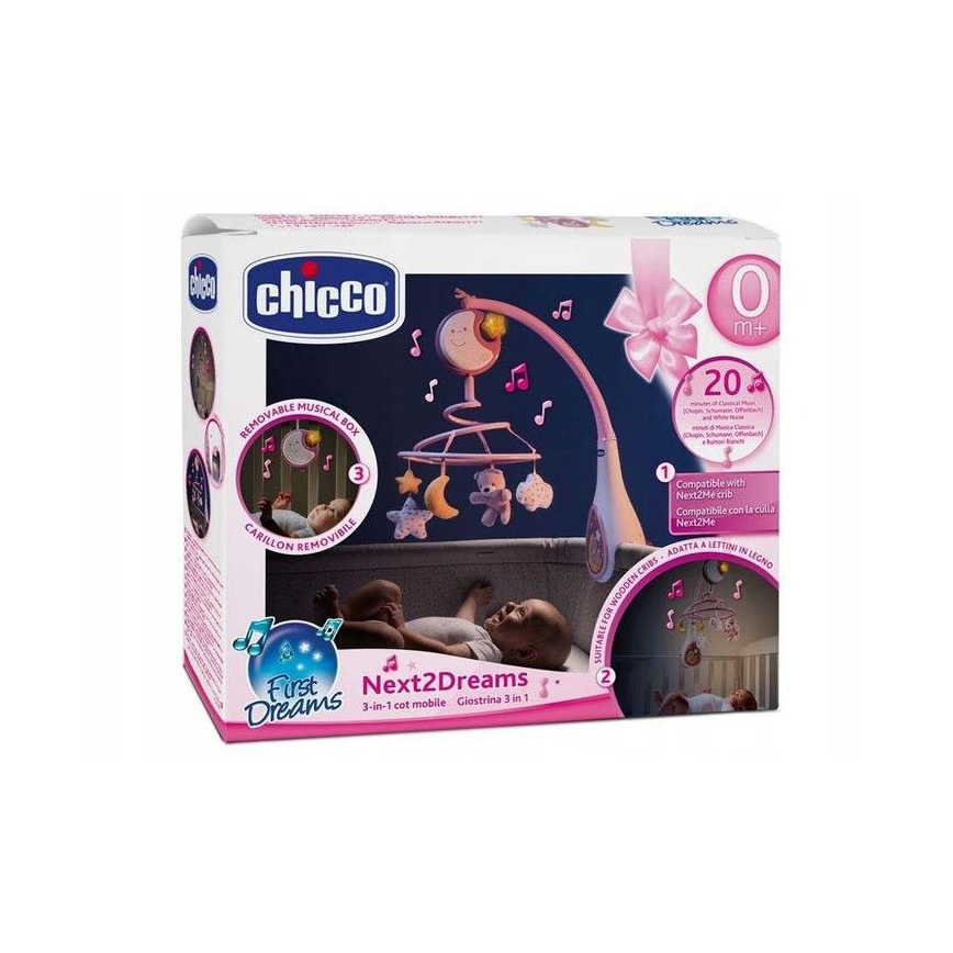Chicco - Móbile para berço com melodia 3em1 NEXT2DREAMS 3xAA rosa