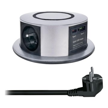 Coluna com tomadas para tampo de mesa com carregamento sem fios Qi 3x230V + 1xUSB-A + 1xUSB-C prateado/preto