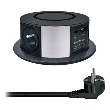 Coluna com tomadas para tampo de mesa com carregamento sem fios Qi 3x230V + 1xUSB-A + 1xUSB-C preto/prateado