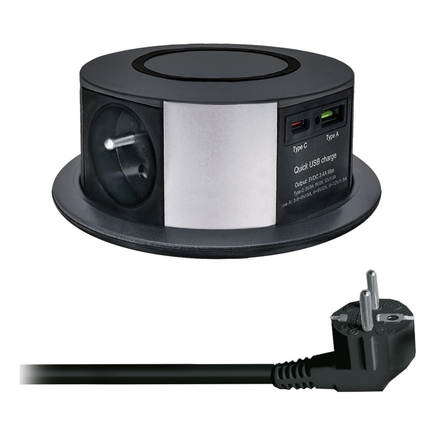 Coluna com tomadas para tampo de mesa com carregamento sem fios Qi 3x230V + 1xUSB-A + 1xUSB-C preto/prateado