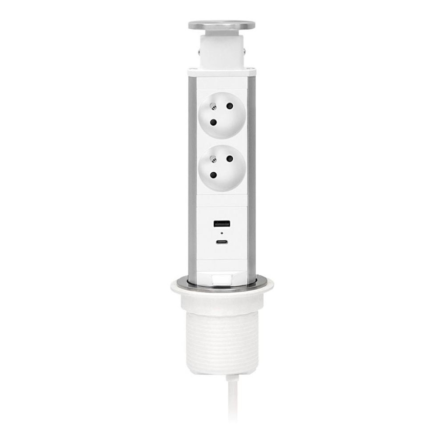 Coluna de tomadas embutível para tampo de secretária — 2x230V + USB-A + USB-C