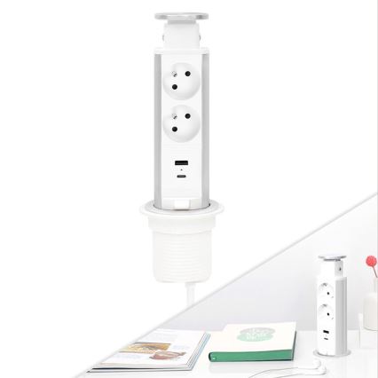 Coluna de tomadas embutível para tampo de secretária — 2x230V + USB-A + USB-C
