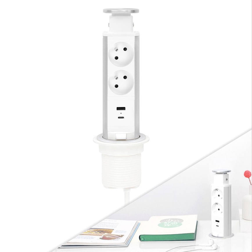 Coluna de tomadas embutível para tampo de secretária — 2x230V + USB-A + USB-C