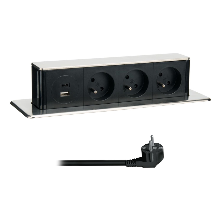 Coluna de tomadas para tampo de mesa 3x230V + USB-A + USB-C