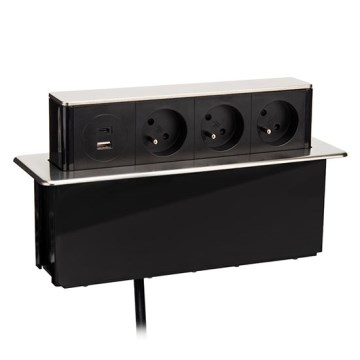 Coluna de tomadas para tampo de secretária 3x230V + USB-A + USB-C