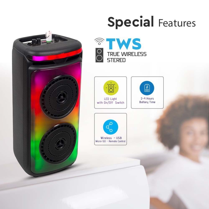 Coluna LED RGB com microfone 400W/2400 mAh + comando