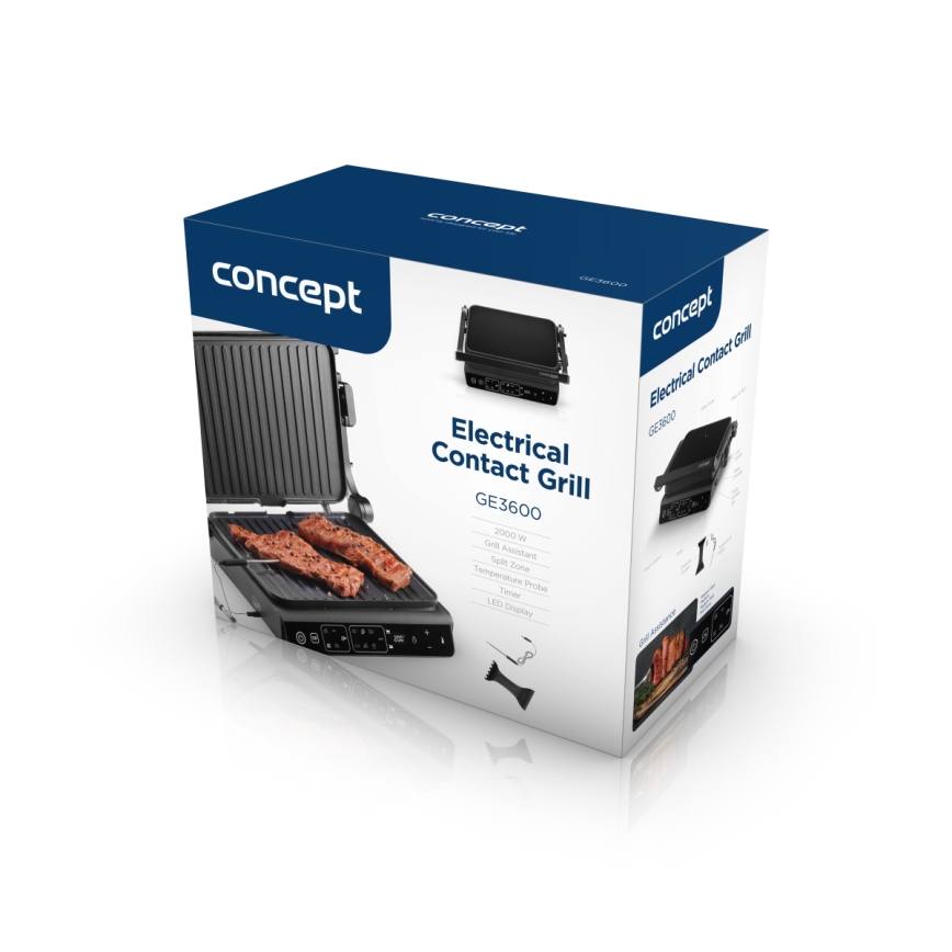 Concept ge3600 - Grelhador com sensor de temperatura GLASS 2000W/230V preto