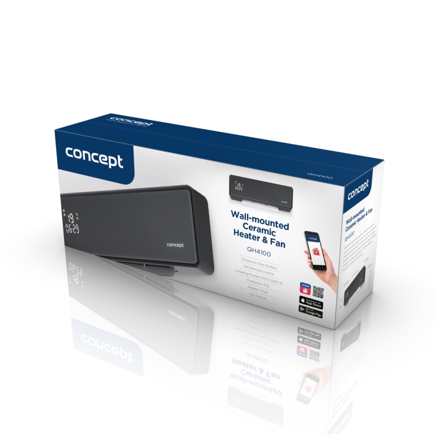 Concept QH4100 - Aquecedor elétrico 1000/2000 W, Wi‑Fi, IP22, cinzento + comando remoto
