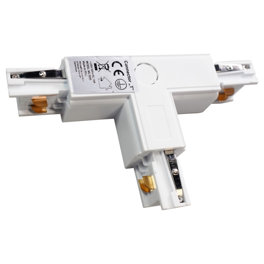 Conector para iluminações em sistema de carril trifásico TRACK branco tipo T