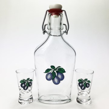Conjunto 1x copo garrafa e 2x copo para shots transparente com um motivo de ameixa