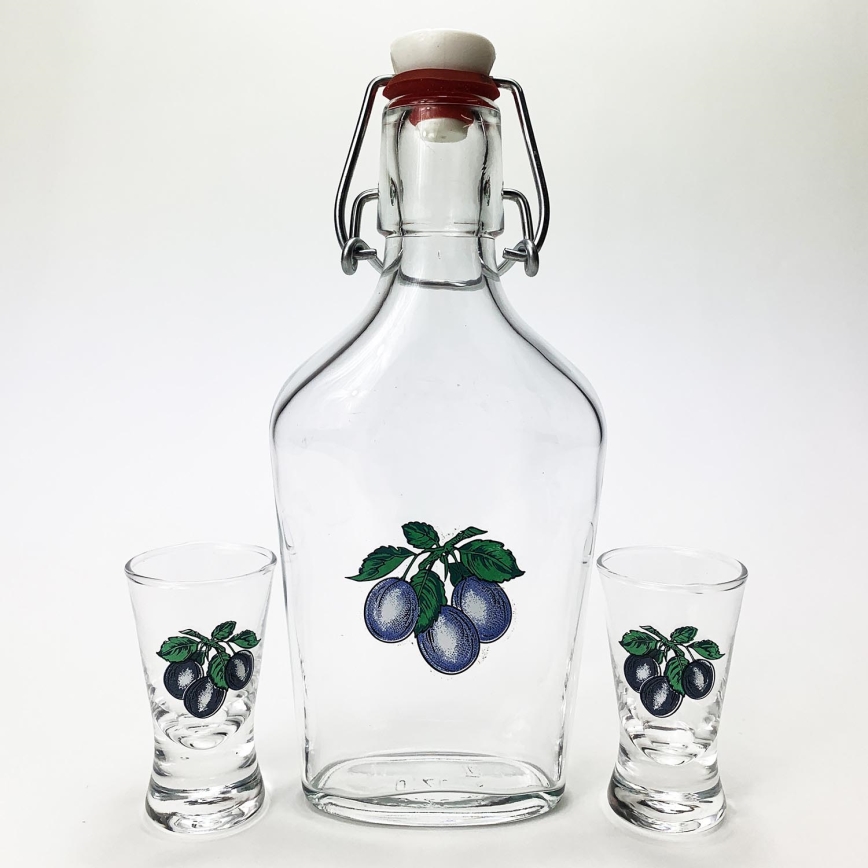 Conjunto 1x copo garrafa e 2x copo para shots transparente com um motivo de ameixa