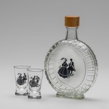 Conjunto 1x frasco de vidro e 2x copo para shots transparente com padrão de dança