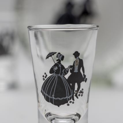 Conjunto 1x frasco de vidro e 2x copo para shots transparente com padrão de dança