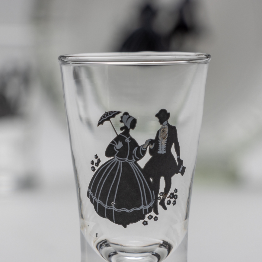 Conjunto 1x frasco de vidro e 2x copo para shots transparente com padrão de dança