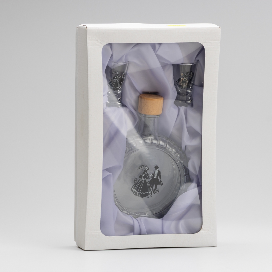 Conjunto 1x frasco de vidro e 2x copo para shots transparente com padrão de dança