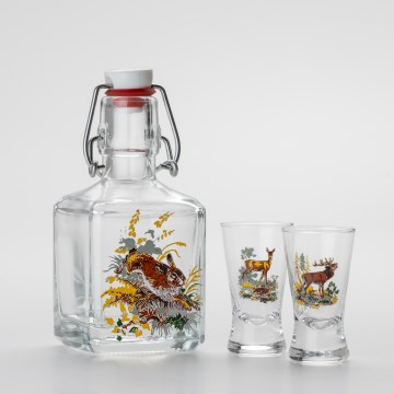 Conjunto 1x frasco de vidro e 2x copos para shots transparente com padrão animal - lebre