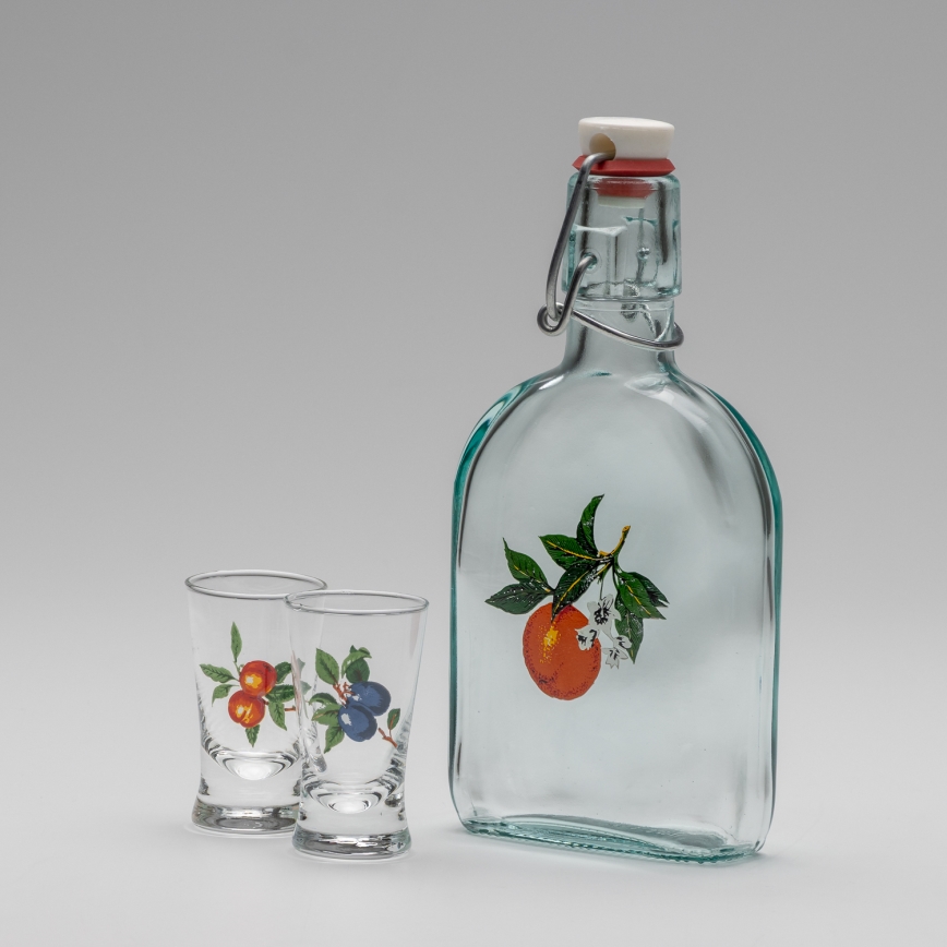 Conjunto 1x frasco de vidro e 2x copos para shots transparente com padrão de alperce