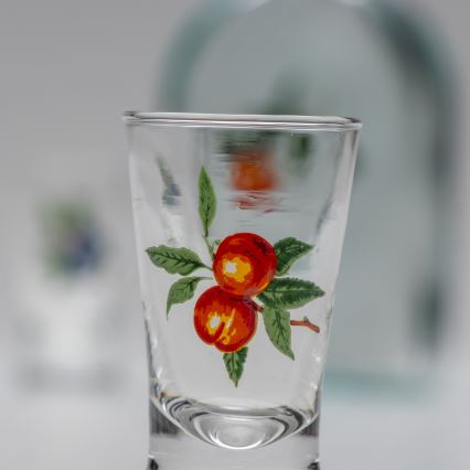 Conjunto 1x frasco de vidro e 2x copos para shots transparente com padrão de alperce