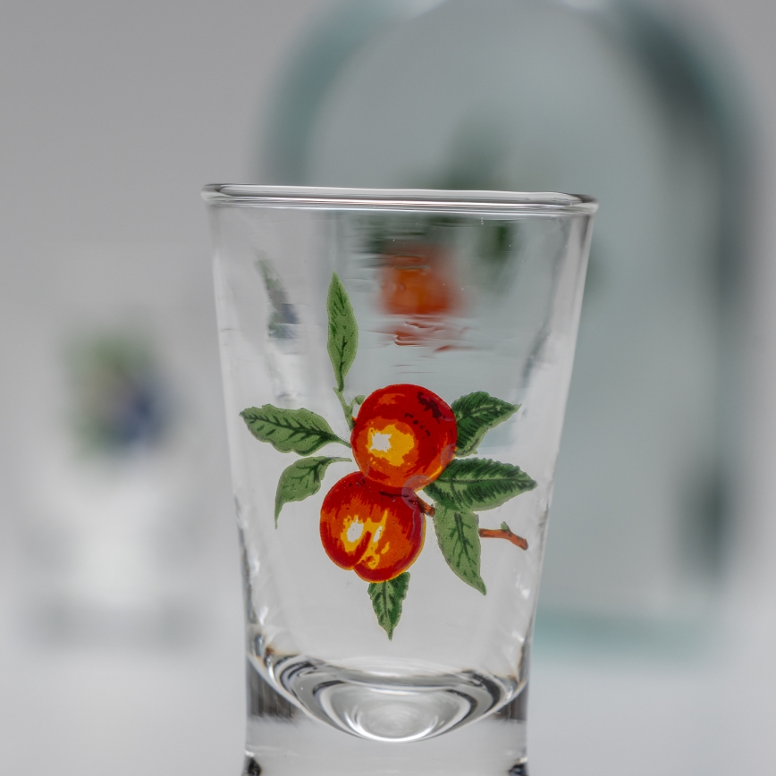 Conjunto 1x frasco de vidro e 2x copos para shots transparente com padrão de alperce