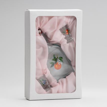 Conjunto 1x frasco de vidro e 2x copos para shots transparente com padrão de alperce