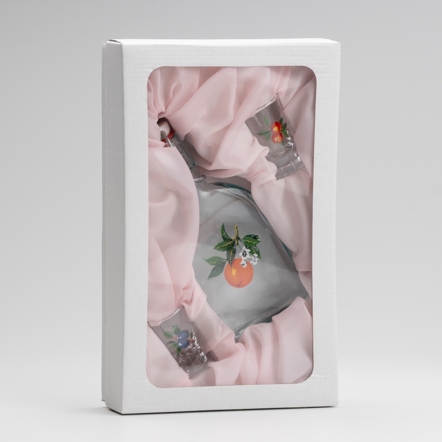 Conjunto 1x frasco de vidro e 2x copos para shots transparente com padrão de alperce