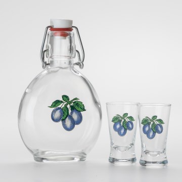 Conjunto 1x frasco de vidro e 2x copos para shots transparente com padrão de ameixa