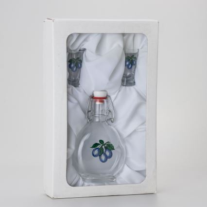 Conjunto 1x frasco de vidro e 2x copos para shots transparente com padrão de ameixa