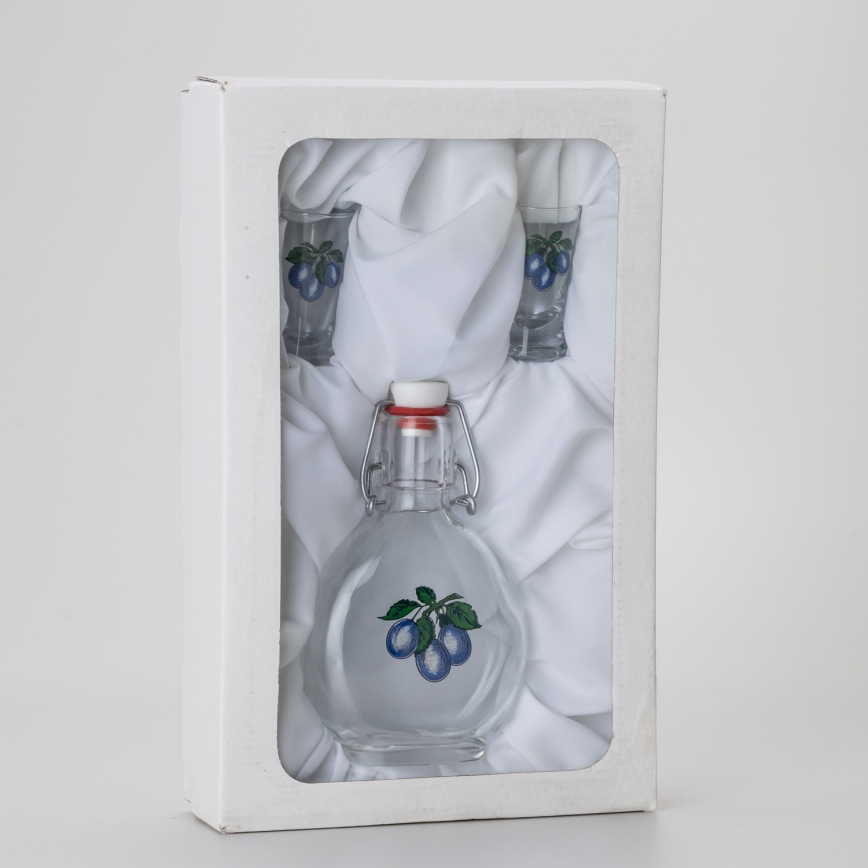 Conjunto 1x frasco de vidro e 2x copos para shots transparente com padrão de ameixa