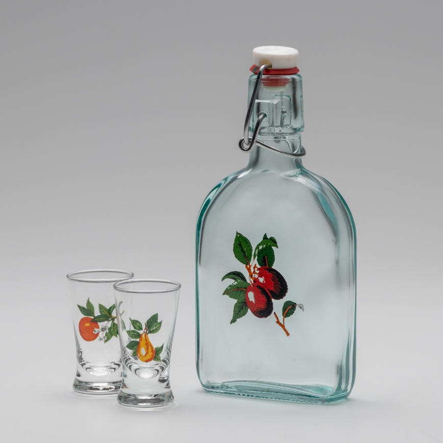Conjunto 1x frasco de vidro e 2x copos para shots transparente com padrão de cereja