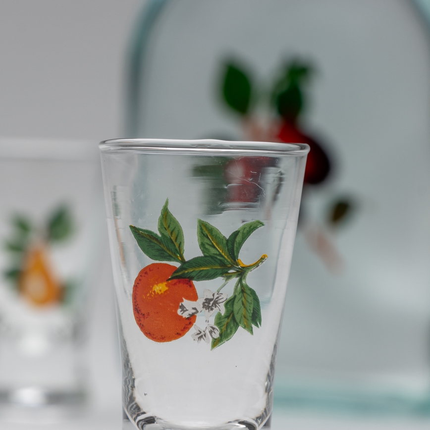 Conjunto 1x frasco de vidro e 2x copos para shots transparente com padrão de cereja