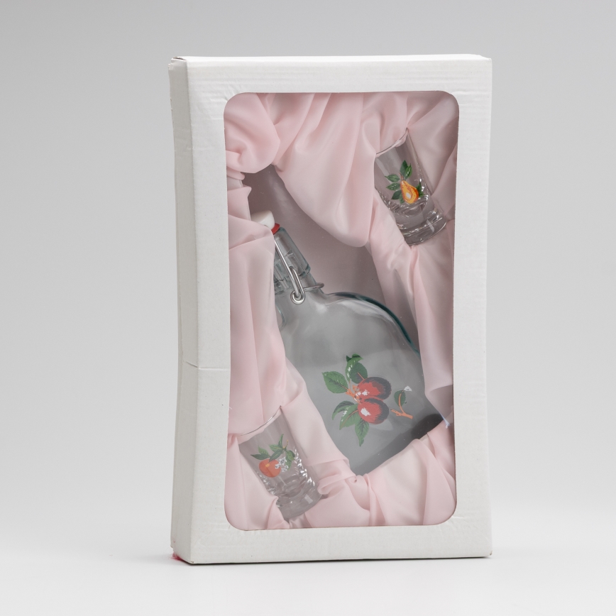 Conjunto 1x frasco de vidro e 2x copos para shots transparente com padrão de cereja
