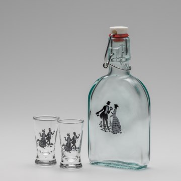 Conjunto 1x frasco de vidro e 2x copos para shots transparente com padrão de dança